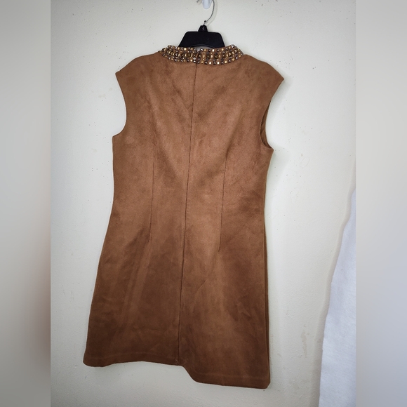 Vince Camuto Brown Women  Suede Shift Dress 14 Jeweled Neckline Sleeveless Zip - Picture 5 of 13
